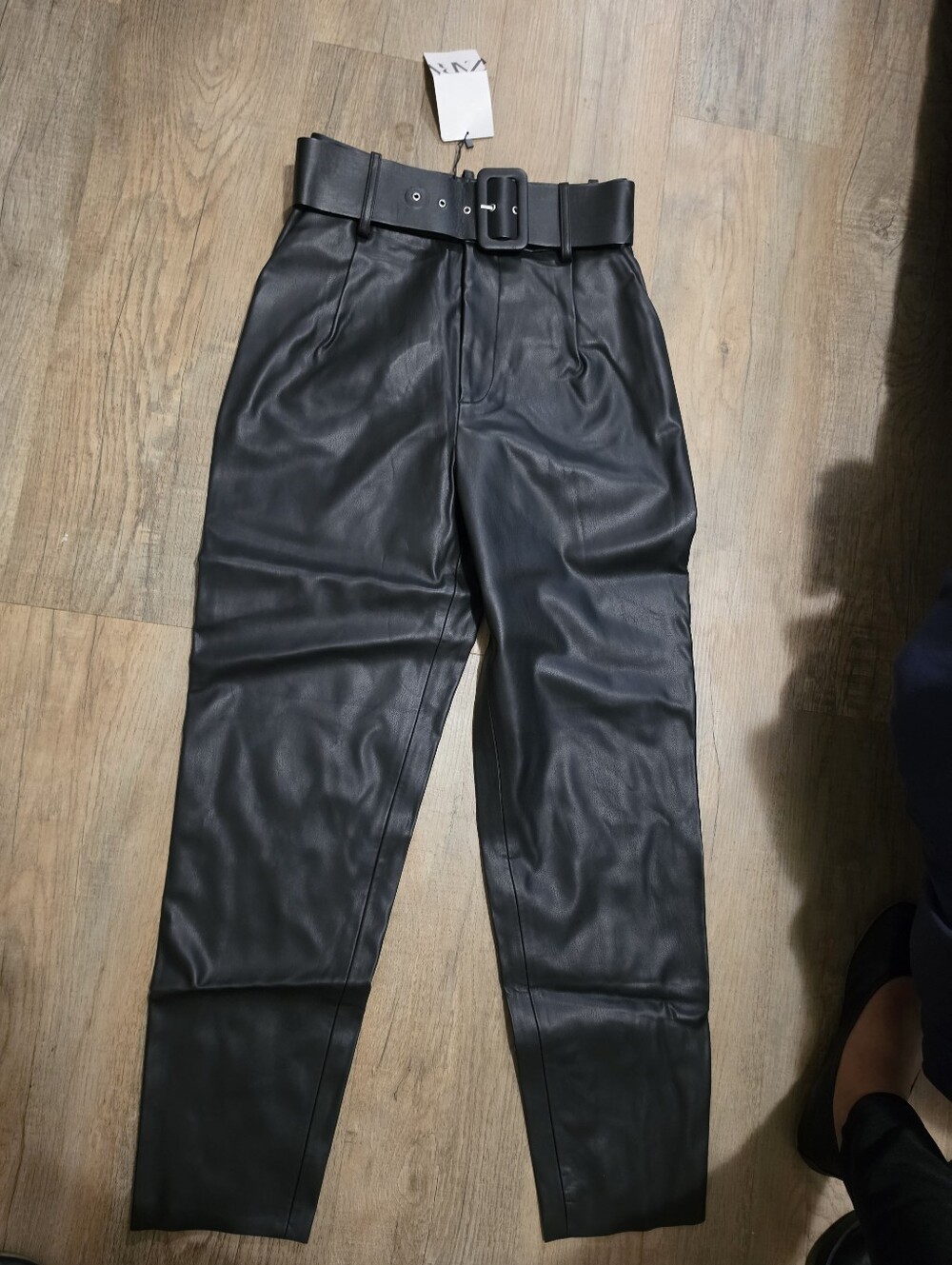 Zara Black Faux Leather High-Waist Belted Pants XS